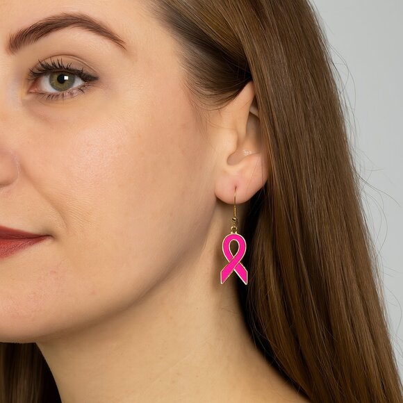 Breast Cancer Awareness Dangle Earrings Pink Goldtone 1.97 Inch Drop New - Picture 1 of 10